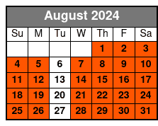 4 Hr Single Kayak Rental August Schedule
