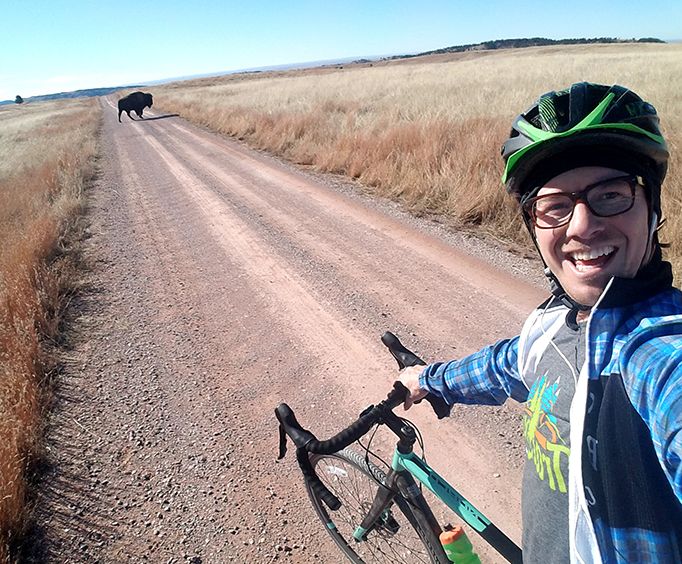 Selfie with a Buffalo on the Southern Black Hills on Bike Tour