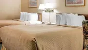 The image shows a typical hotel room with two made-up beds, a nightstand with a phone, and wall-mounted lamps.