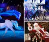 A performer in a blue costume is riding a white horse during a Christmas show at Dolly Partons Stampede Dinner Attraction