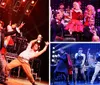 Performers on stage are energetically singing and dancing in a vibrant musical theatre production