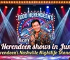 The image promotes Todd Herendeen shows in June at his Nashville Nightlife Dinner Theatre featuring a lively stage setup with bright lights