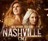The image is a promotional poster for new episodes of the television show Nashville featuring two female characters against a sparkling golden backdrop