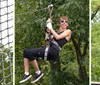 A person is gleefully zip-lining above a forested area