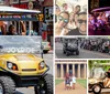 A group of people is enjoying a tour on a unique golf cart-like vehicle labeled JOYRIDE on a vibrant city street