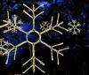 The image shows an illuminated snowflake-shaped decoration against a dusky or evening sky with a silhouette of trees in the background