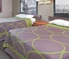 This image shows a hotel room with two twin beds covered with purple patterned bedspreads a framed picture on the wall and a simple interior decor