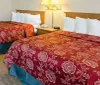 The image shows a hotel room with two neatly made beds covered with red patterned bedspreads white pillows and a nightstand with a lamp and phone between them