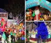The image shows an elaborately decorated house for Christmas with numerous colorful lights inflatable characters and figures that create a festive and vibrant holiday scene
