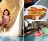 People are enjoying a sunny day floating in an outdoor lazy river ride with colorful tubes