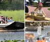 A group of tourists wearing headphones is enjoying a high-speed ride on an airboat through a marshy landscape