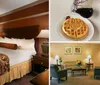 The image shows a tidy and cozy hotel room with a large bed patterned bedspread table with flowers and classic decor
