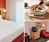 The image shows a neatly arranged modern hotel room with two queen-sized beds with white and red bedding