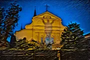The image shows a yellow church with prominent architectural details, viewed through an effect that simulates the appearance of the scene as if it were seen through textured glass, providing a dreamlike, distorted quality to the photo.