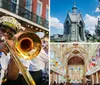 A trombonist enthusiastically plays his instrument while participating in a brass band parade on a city street