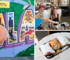 A person is holding up a glazed donut against a colorful mural that says Greetings from NOLA with the donut strategically placed to complete the O in NOLA