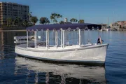 A white boat with a purple canopy is floating on calm waters near a waterfront with buildings in the background.