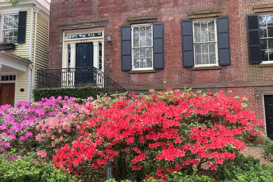The image shows a traditional brick house with black shutters and a black front door, complemented by a vibrant display of red and purple azalea bushes in bloom in the front yard.