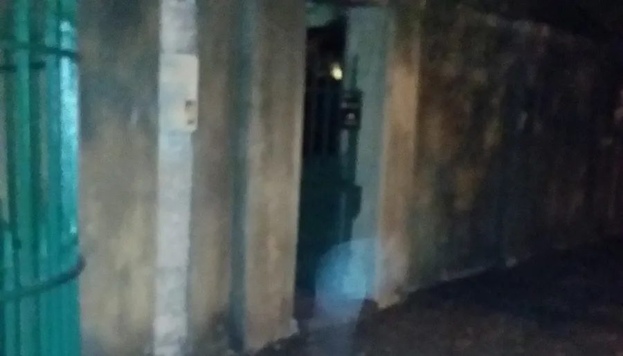 The image is a blurry night-time shot of what appears to be an outdoor or semi-enclosed area with metal bars on the left and a faint light source illuminating from the distance.