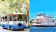 The image is a split-view showcasing two types of tourist transportation; on the left is a trolley bus filled with passengers, and on the right is a riverboat also carrying guests.