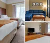 The image depicts a clean and neatly arranged hotel room with two double beds a desk and a window with curtains