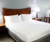 The image shows a neatly arranged hotel room with a large bed two bedside tables with lamps and a red armchair