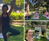 A group of six smiling women are posing for a selfie in a sunny park probably after a workout or yoga session with exercise mats on the grass