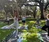 A group of six smiling women are posing for a selfie in a sunny park probably after a workout or yoga session with exercise mats on the grass