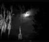 A black and white image captures a hauntingly beautiful scene with a church spire under a moonlit sky draped in Spanish moss
