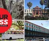 This image features a collage of tourist attractions in Savannah Georgia including a riverboat a historic building a trolley tour and a statue promoting the Tour Pass Savannah