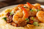 The image shows a dish of creamy grits topped with sautéed shrimp and pieces of bacon, garnished with chopped green onions.
