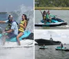 Two people are enjoying a thrilling ride on a jet ski with water spraying around them