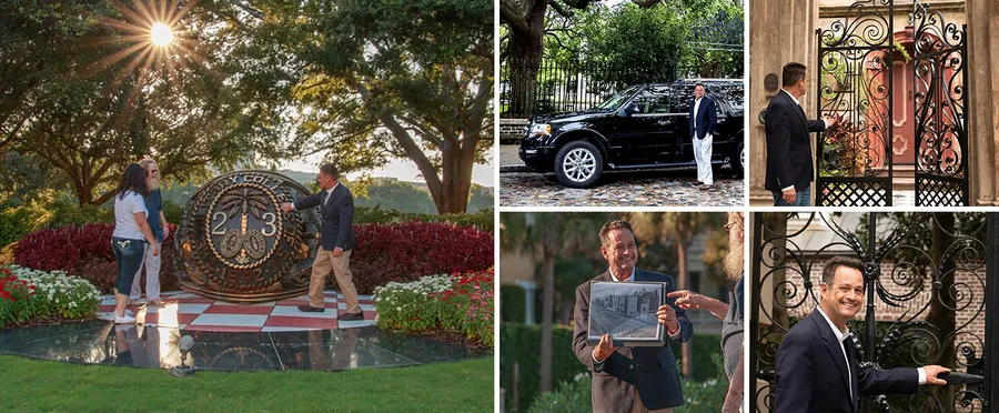 The image is a collage of four photographs showing a man interacting with different people at various upscale locations and gates, suggesting he is involved in real estate or luxury property tours.