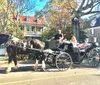 A horse-drawn carriage with two passengers and a driver moves along a tree-lined street reminiscent of a historical or leisurely tour