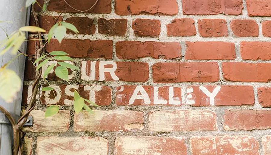 The image shows a worn-out faded white text that reads OUR ALLEY stenciled across red bricks with some green foliage on the left side.