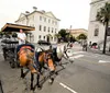A horse-drawn carriage waits on a sunny street lined with colorful buildings