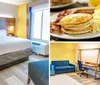 The image shows a colorful hotel room with a large bed vibrant decor and modern amenities