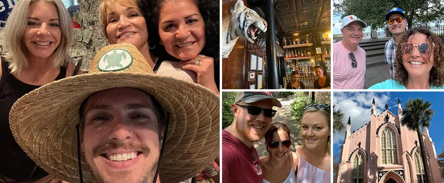 The image is a collage of six photos depicting various people enjoying different activities, from group selfies to visiting a bar and sightseeing in an urban environment.