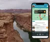 A smartphone displaying a hiking trail map is superimposed on a scenic view of the Grand Canyon