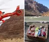 A red helicopter with the words Grand Canyon is flying in front of a rugged cliff indicating it may be on a sightseeing tour or conducting operations within the Grand Canyon area