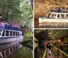 A boat named YELLOW THUNDER is carrying a group of passengers through a scenic waterway surrounded by lush forests and rock formations