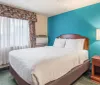 The image shows a basic hotel room with a queen-sized bed patterned curtains a striking teal accent wall and standard furnishings including a nightstand and lamp