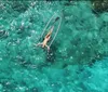 A person is lying on a paddleboard in the middle of clear turquoise waters