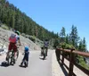 A group of four cyclists one being a young child are riding on a paved trail with a scenic forest landscape and a lake in the background under a clear blue sky