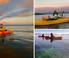 People in colorful kayaks enjoy a serene paddle on calm water under a dramatic orange sunset sky