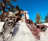 Two people are sharing a kiss on a snowy hill next to their snowshoes with a backdrop of evergreen trees under a clear blue sky