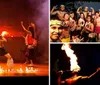Performers are engaged in a dynamic fire dance possibly part of a cultural performance with a man in the center twirling fire sticks against a dramatic fiery backdrop