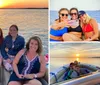 Five smiling individuals are enjoying a scenic boat ride during a beautiful sunset over a calm sea