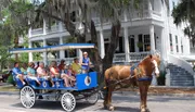 A horse-drawn carriage filled with tourists is guided by a driver past a historic house draped with Spanish moss on a sunny day.