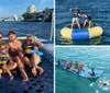 People in life jackets enjoy water activities around a partially submerged inflatable raft with onlookers capturing the moment from a boat named SPIRIT OF LAUDERDALE